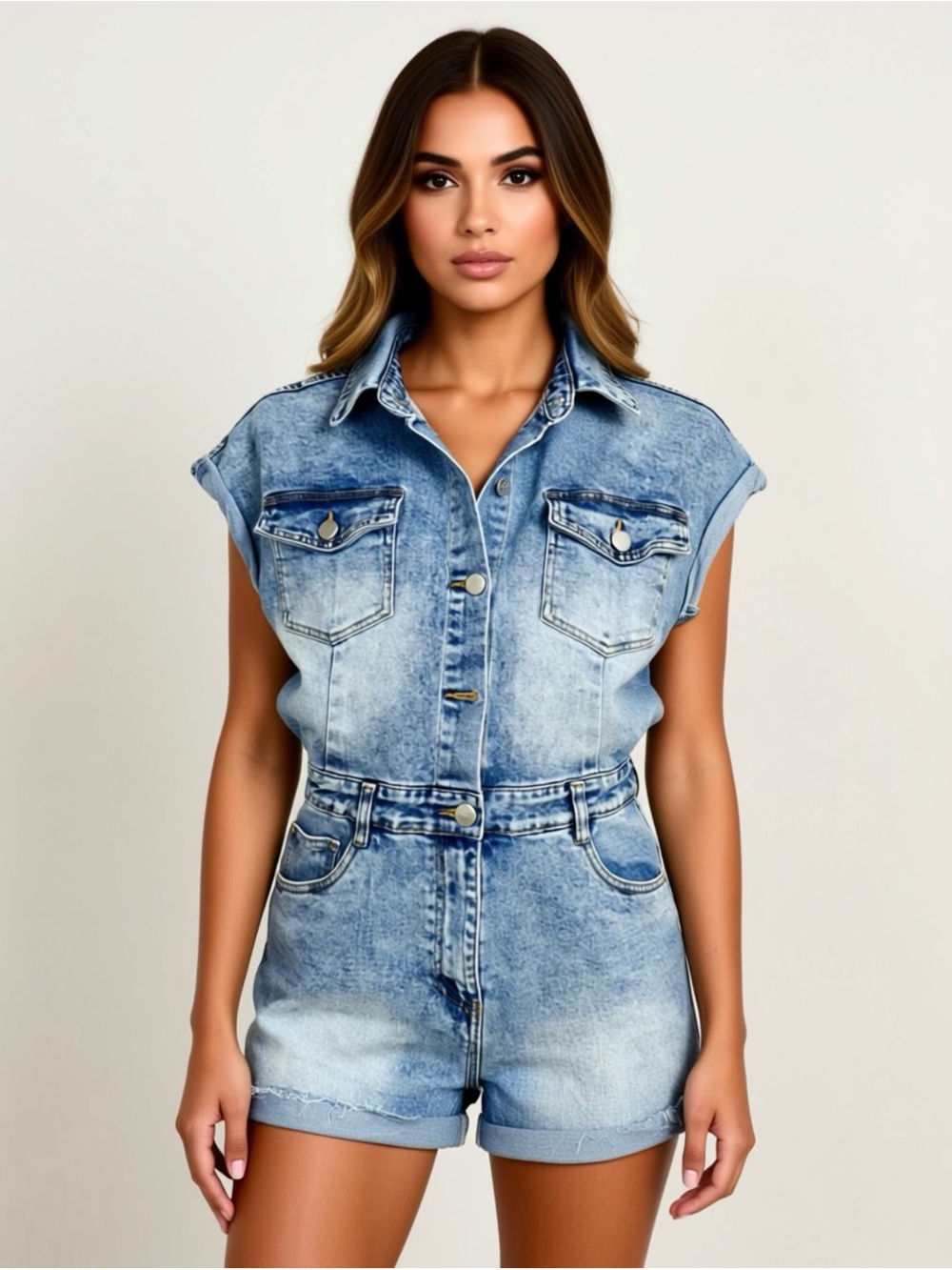 Fashion Nova Light Wash Denim Romper